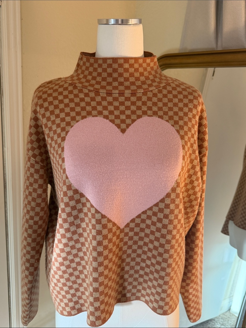 Maeve Carys  Brown Checkerboard Mock Neck Sweater with Pink Heart